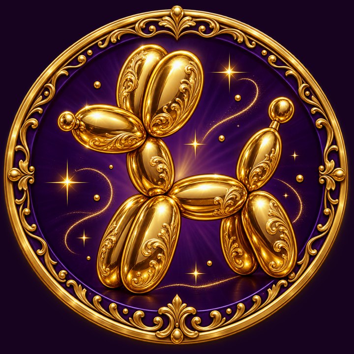 Gold collector-card emblem of a twisted balloon dog