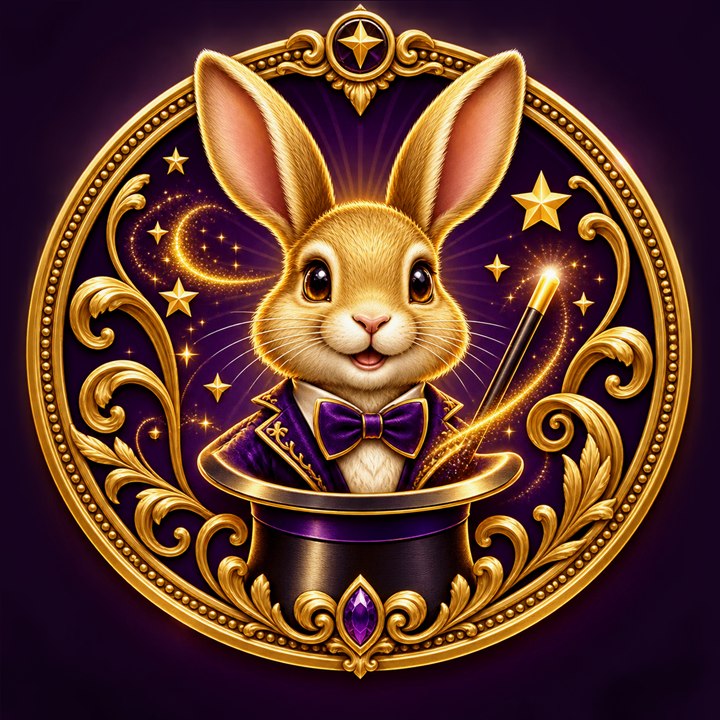 Gold collector-card emblem of a magic rabbit