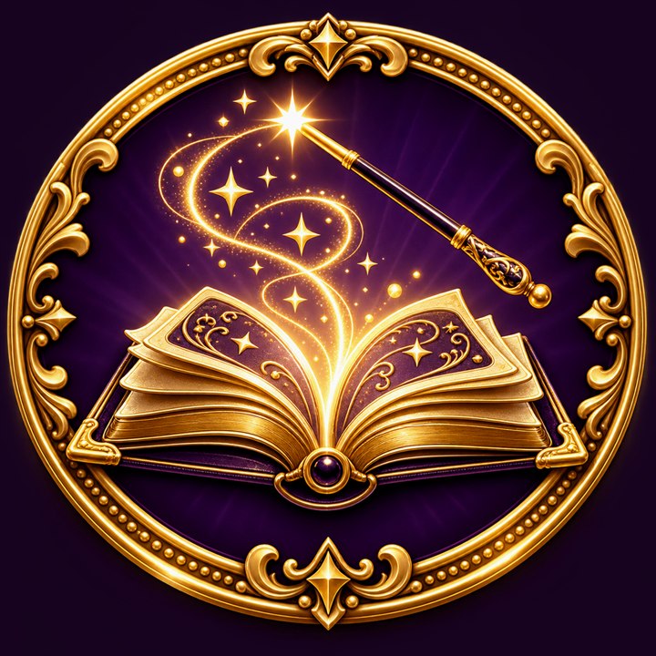 Gold collector-card emblem of a magic book and wand