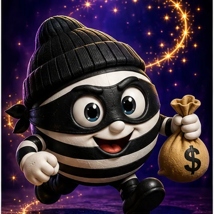 A playful burglar ball character running away with a bag of loot