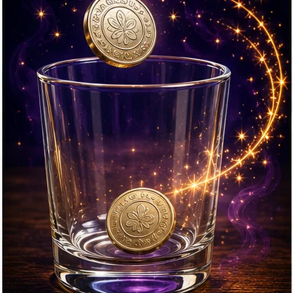 A golden coin magically passing through a clear drinking glass