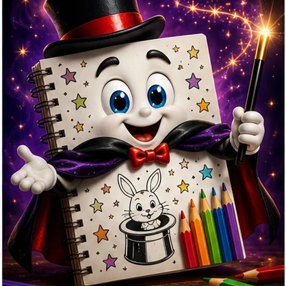 A cheerful magic colouring book character with colourful pencils, a top hat and wand