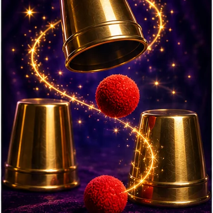 Red balls travelling magically between three golden cups