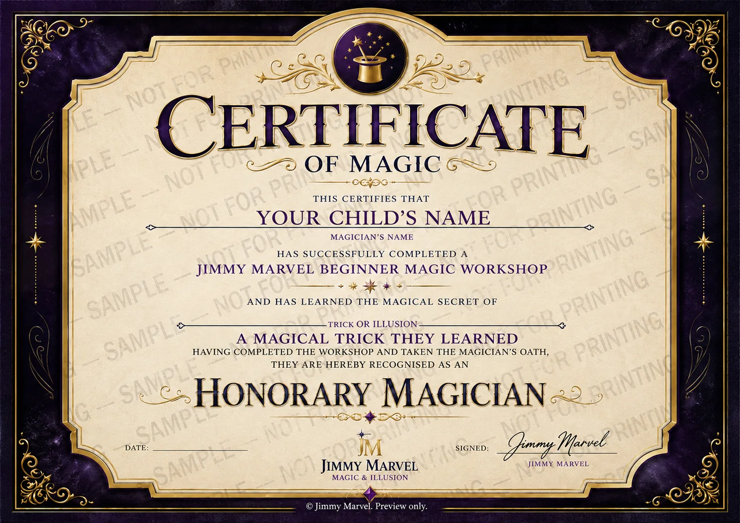 Watermarked sample Certificate of Magic showing where the child’s name and learned trick will appear